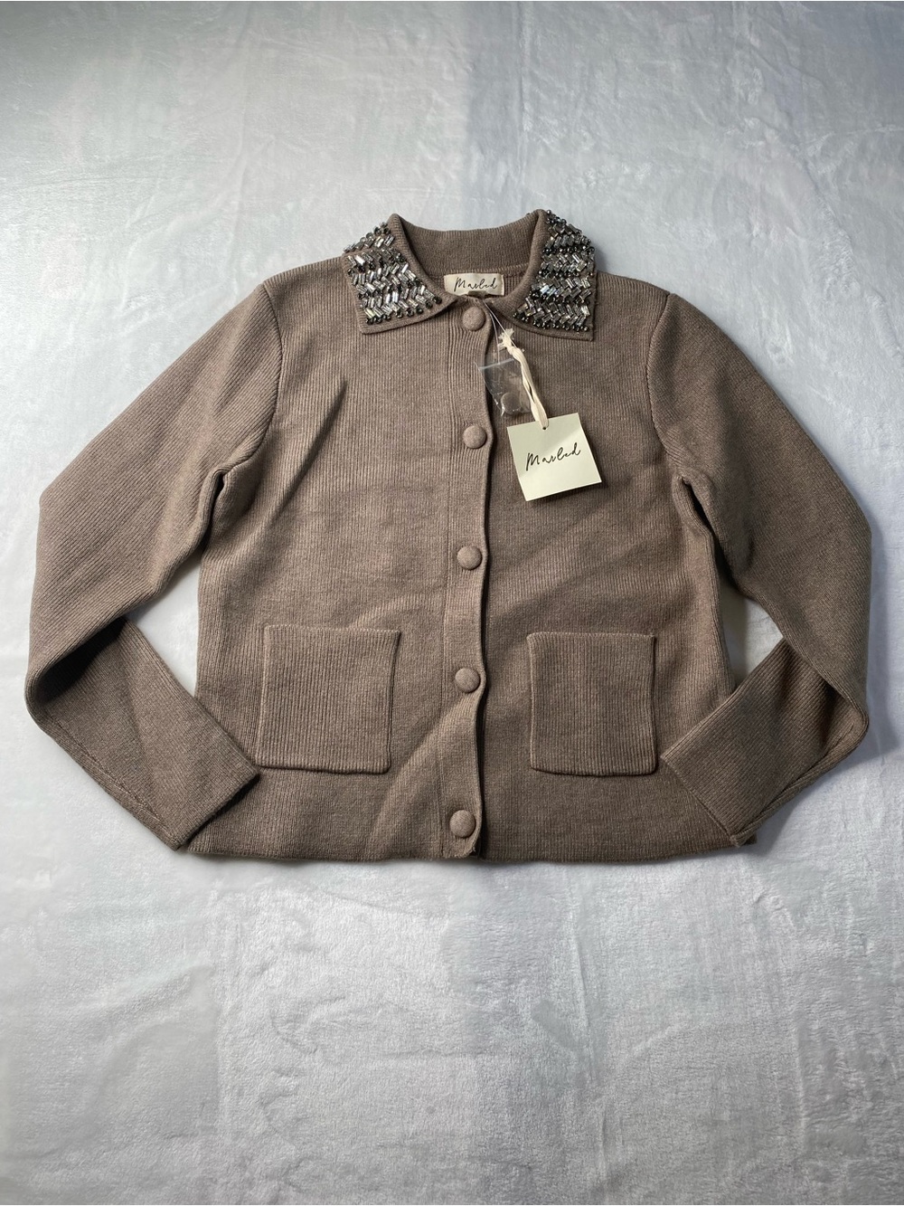 Marled Women’s Bejeweled Collar Knit Jacket Button-up - Taupe Size XS